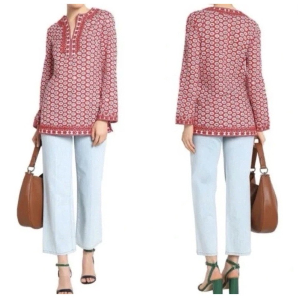 Tory Burch Jayne‎ Mod Flower Embroidered Tunic Top Size 2 Cotton Red Floral Boho